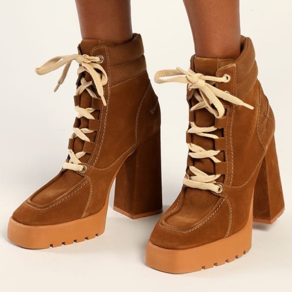 Schutz Fillipa Bear Brown Suede Leather Lace-Up Platform Ankle Booties size 10